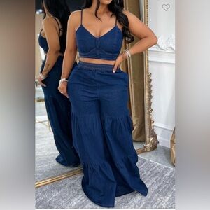 Stylish Blue Denim Chamboray Ruffle Two-Piece Set